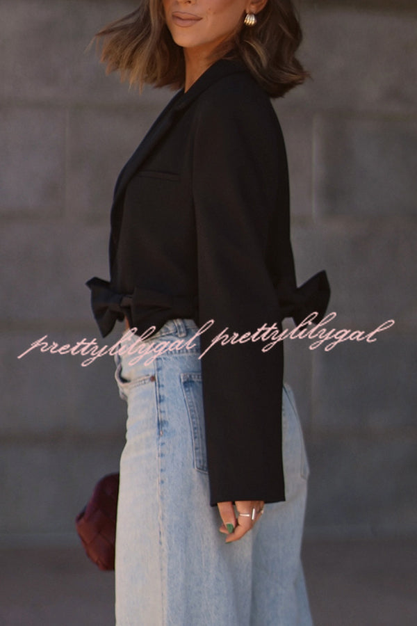 So Chic Bow Trim Long Sleeve Lapel Crop Blazer