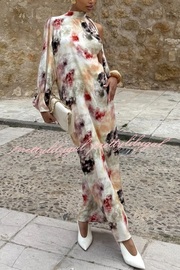 Ninah Satin Tie-dye Print Tie-up Neck One Sleeve H-line Maxi Dress