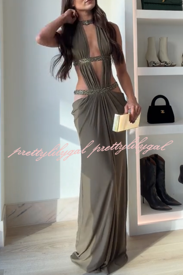 Khaki Hot-fix Rhinestone Shoulder Strap Cutout Design Backless Drape Maxi Dress