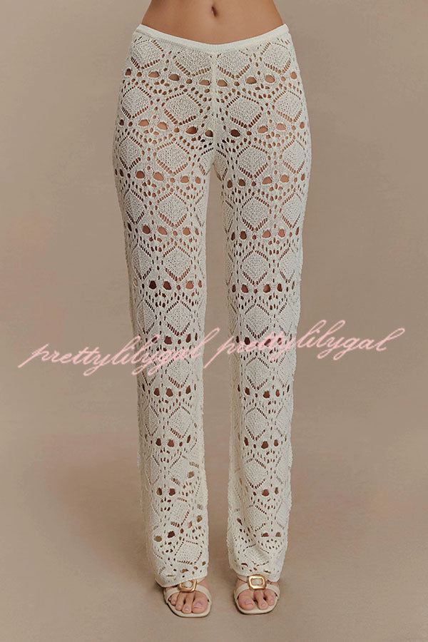 Trena Crochet Knit Hollow Mid Rise Stretch Wide Leg Pants