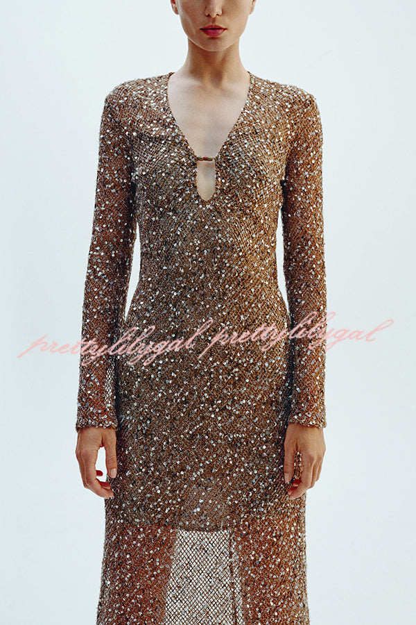 Fashion Sequined Hollow V-neck Long-sleeved Holiday Midi Dress