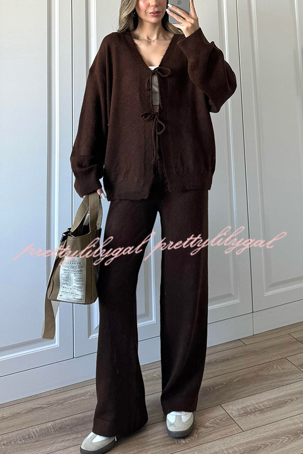 Solid Color V-neck Tie Long-sleeved Loose Knit Cardigan and Elastic Waist Casual Straight Leg Pants Set