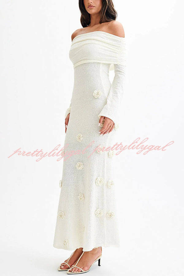 Timeless Sophistication Knit Off Shoulder Rose Detail Stretch Maxi Dress