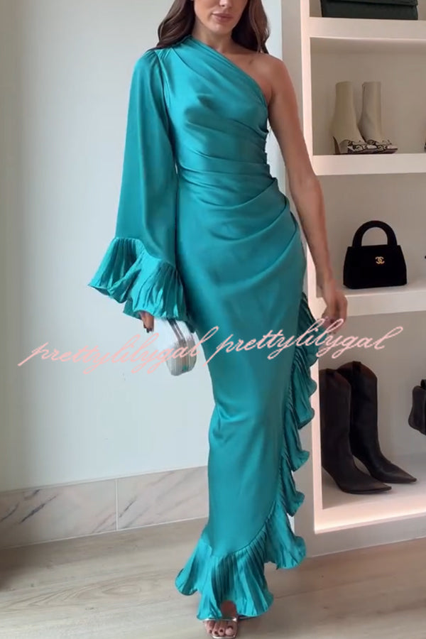 Elegant Satin One Shoulder Sleeve Pleated Ruffles Trim Ruched Asymmetrical Maxi Dress