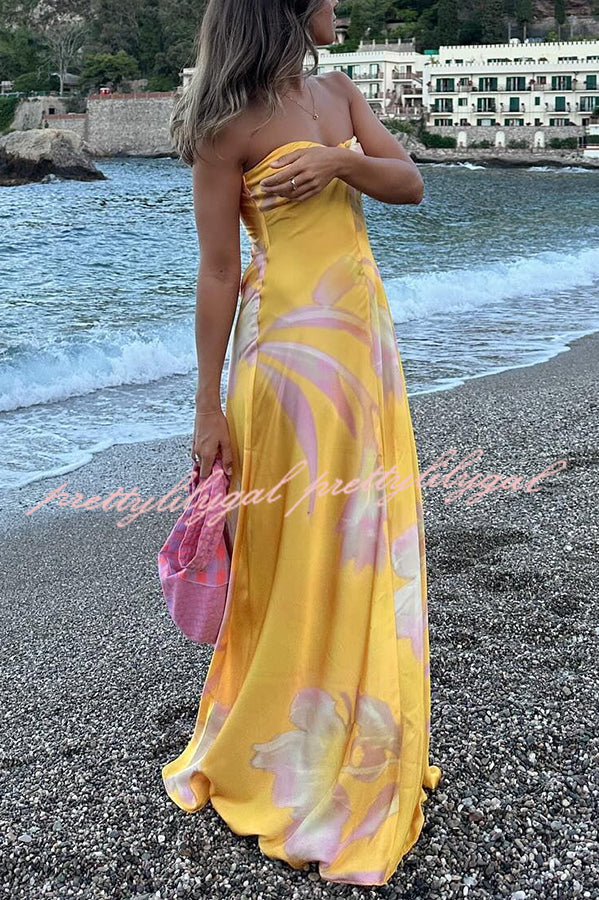 Catalina Island Satin Floral Print Twist Bust Halter Maxi Dress