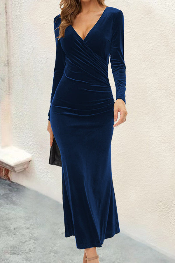 Solid Color Velvet Long Sleeve V-neck Slim Fit Fishtail Maxi Dress –  prettylilygal