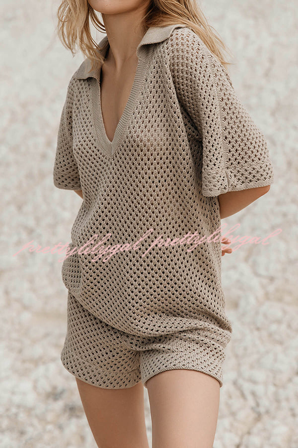 Fashion Hollow V-neck Short-sleeved Top and Elastic Waist Casual Shorts Set