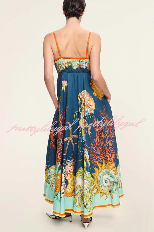 Linen Blend Unique Print Suspenders Back Pleated Pocket Resort Style Maxi Dress