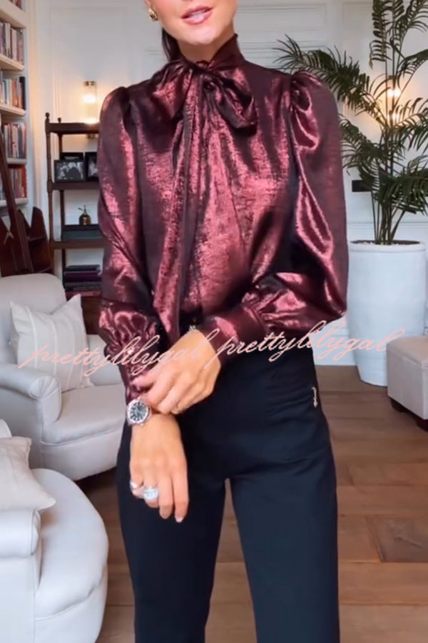Ariella Metallic Satin Fabric Tie-up Bow Neck Long Sleeve Blouse