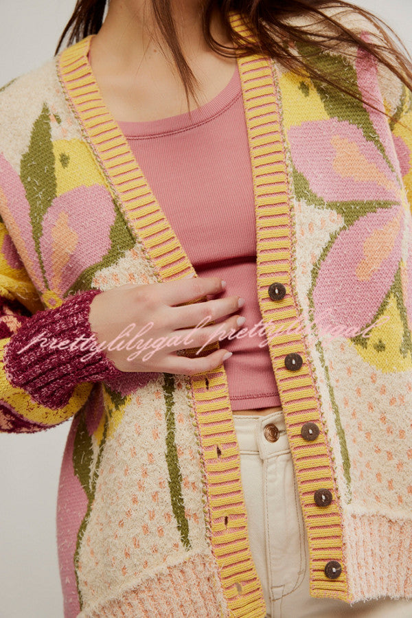 Floral Pattern Loose Long-sleeved Knitted Cardigan