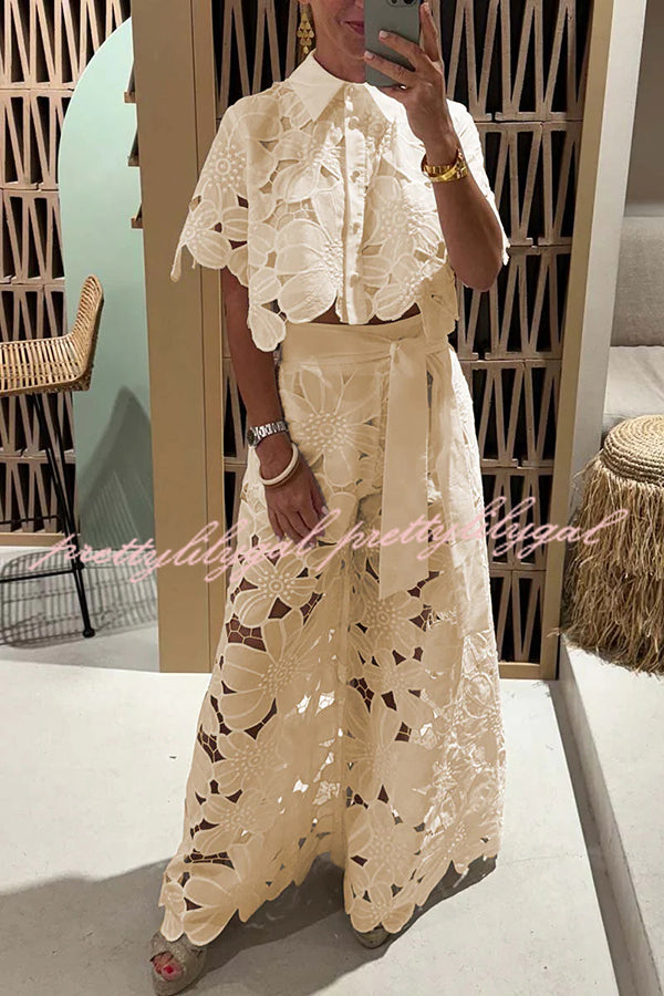 Redefining Elegance Floral Lace Cropped Shirt and Belt Pocketed Wide Leg Pants Set