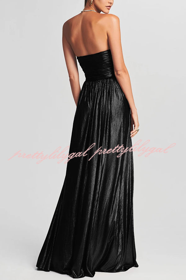 Goddess Temperament Metallic Pleated Fabric Off Shoulder Slit Maxi Dress