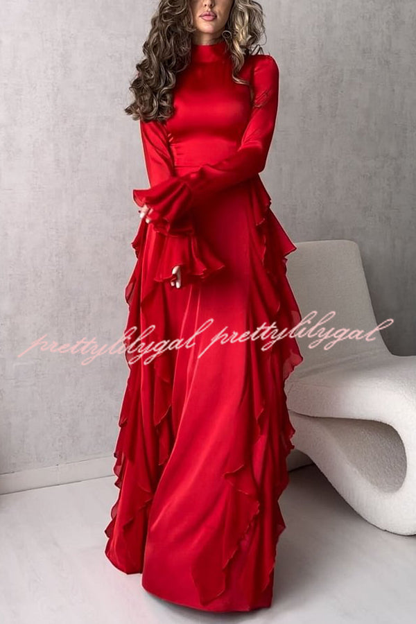 Cline Solid Color High Neck Long Sleeve Elegant Ruffles Maxi Dress