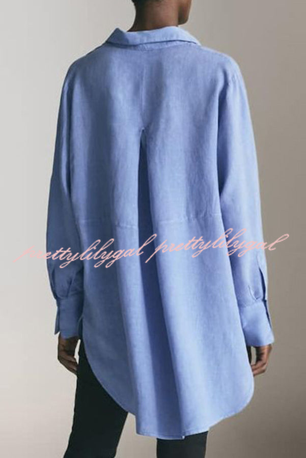 Reality Calling Linen Blend Solid Button Long Sleeve Loose Blouse