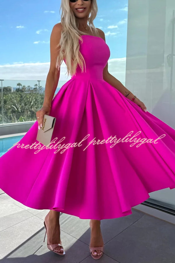 Sweet Cascade Solid Color Off Shoulder Pocket Full Hem Midi Dress