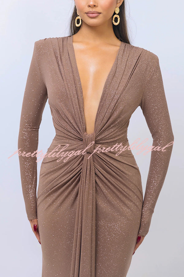 Solid Color Shiny Sexy V-neck Long Sleeve Ribbon Slit Slim Fit Maxi Dress