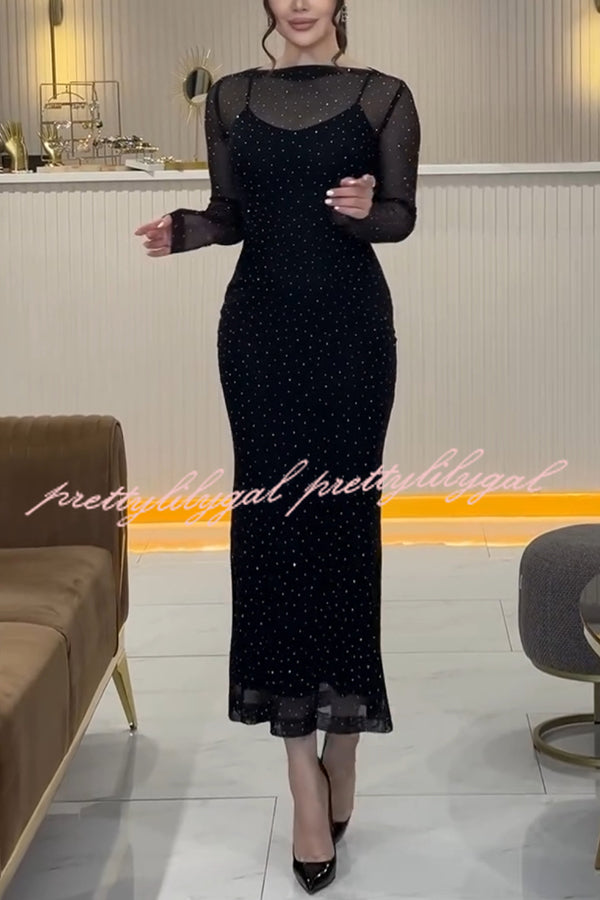 Raylene Mesh Diamond Glitter Fabric Long Sleeve Stretch Midi Dress