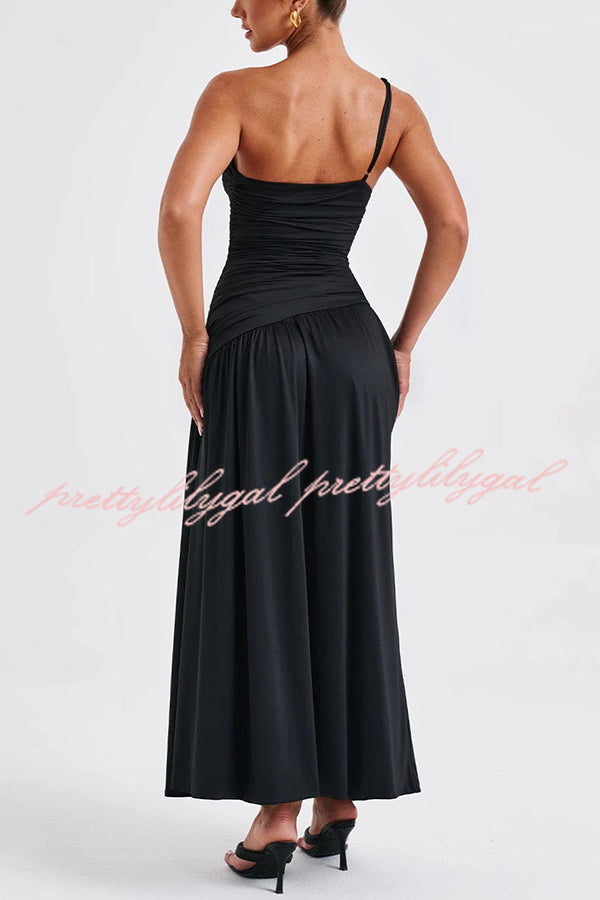 Sexy One-shoulder Strap Gathered Slim Fit Slit Maxi Dress