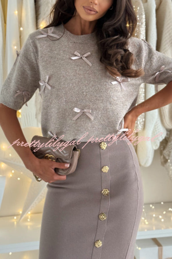 Light The Night Knit Satin Bow Detail Short Puff Sleeve Sweater