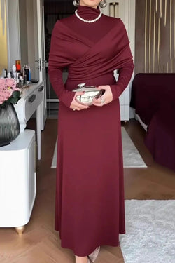 Solid Color High-neck Long-sleeved Crossover Waist Slim-fit Maxi Dress – prettylilygal Solid Color High-neck Long-sleeved Crossover Waist Slim-fit Maxi Dress – prettylilygal