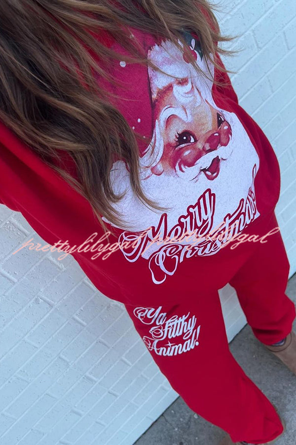 Christmas Santa Print Loose Round Neck Sweatshirt and Elastic Waist Casual Pants Set