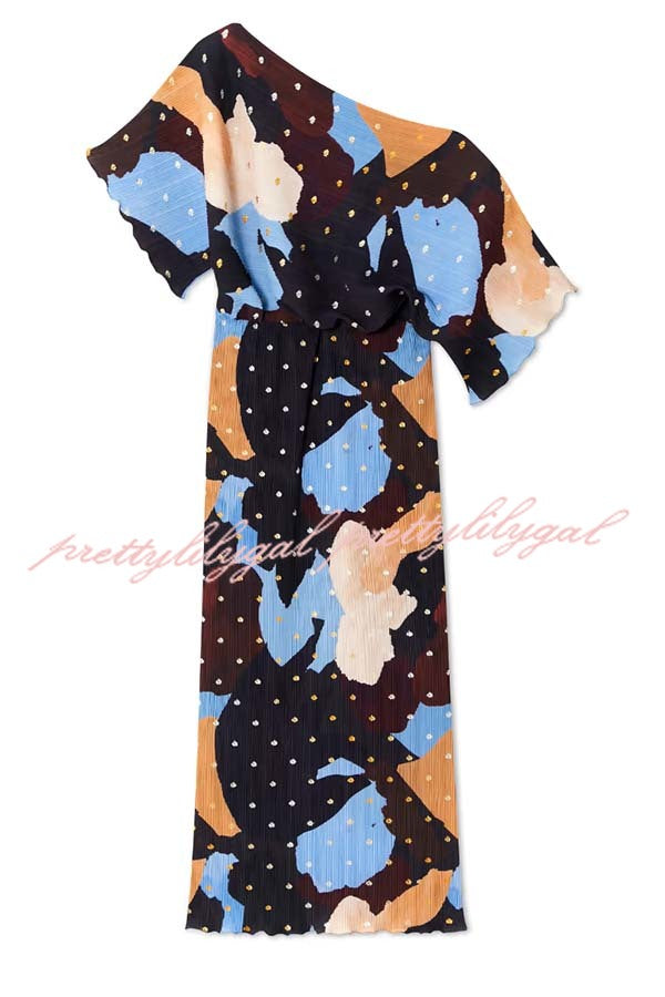 Mara Pleated Fabric Metallic Speckled Color Block Print One Shoulder Maxi Dress