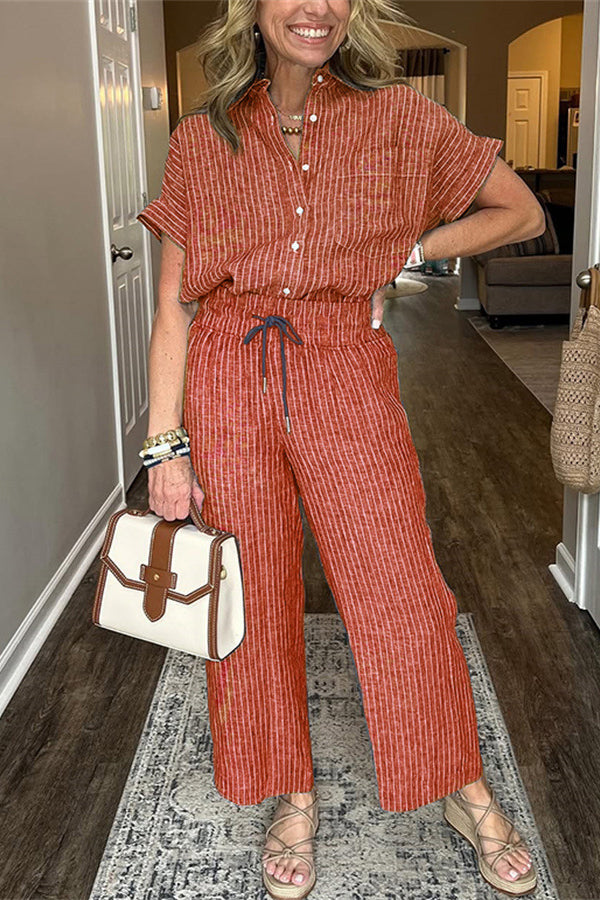 Fashion Striped Print Lapel Short-sleeved Shirt and Elastic Waist Pocket Casual Pants Set