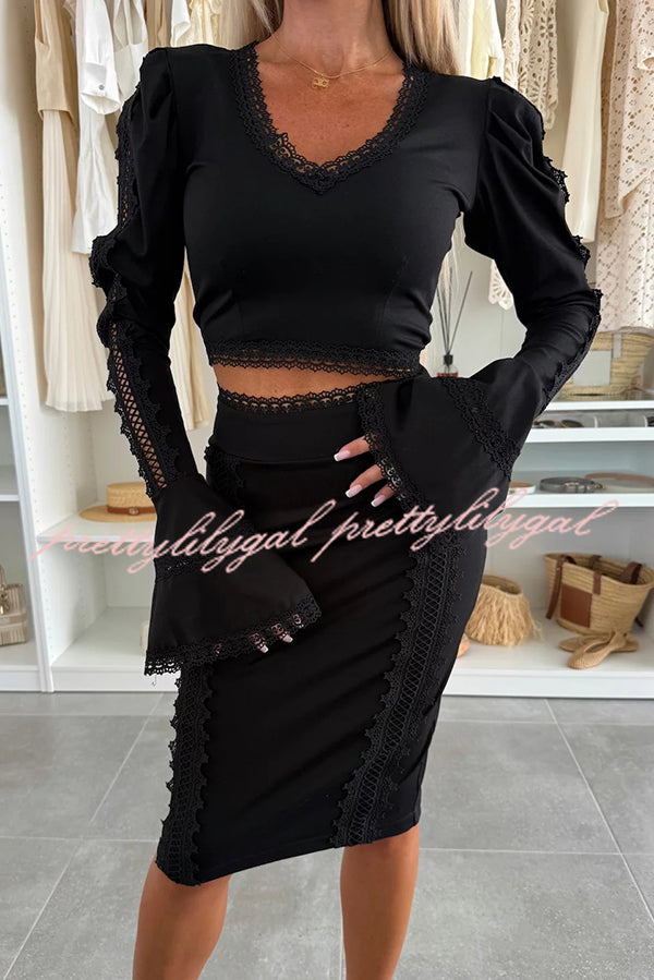 Career Beauty Lace Paneled Long Bell Sleeve Crop Top and High Rise Mini Skirt Set
