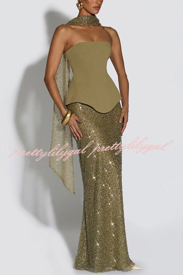 Oakley Corset Strapless Top and Sequin High Rise Maxi Skirt Scarf Set