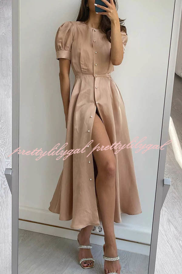 Chic and Classy Vibe Puff Sleeve Pearl Button Slit Midi Dress