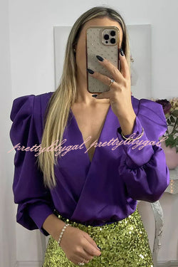 Perfectly Adored Satin Crossover Neckline Puff Sleeve Blouse