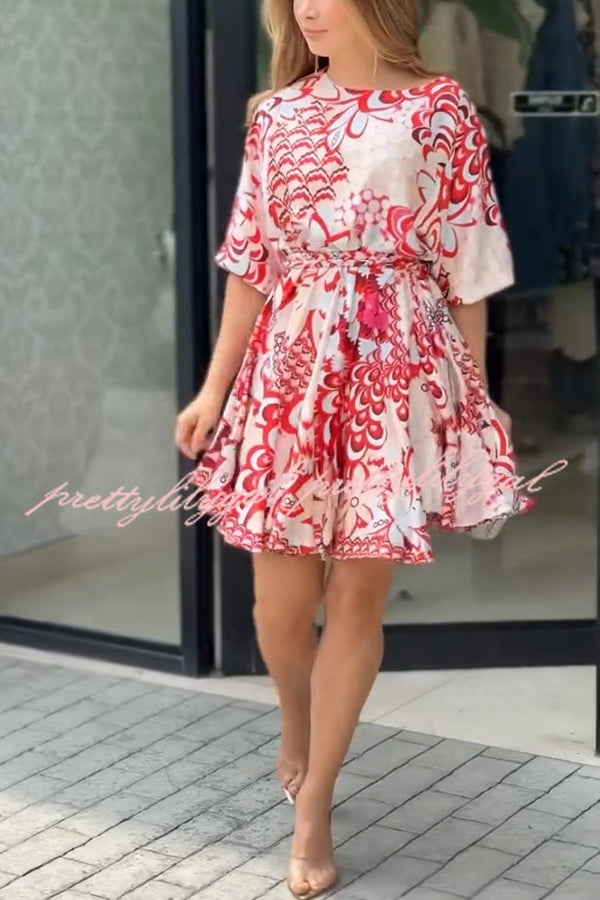 Unique Printed Round Neck Short Sleeve Waist Tie Vacation Mini Dress