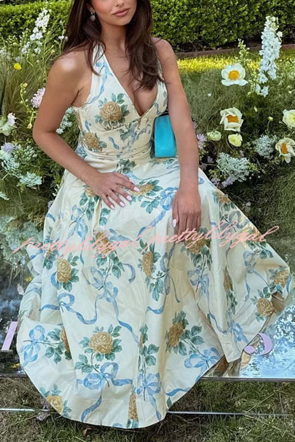 Resort Star Floral Print Waist Halterneck Tie Pocket Midi Dress
