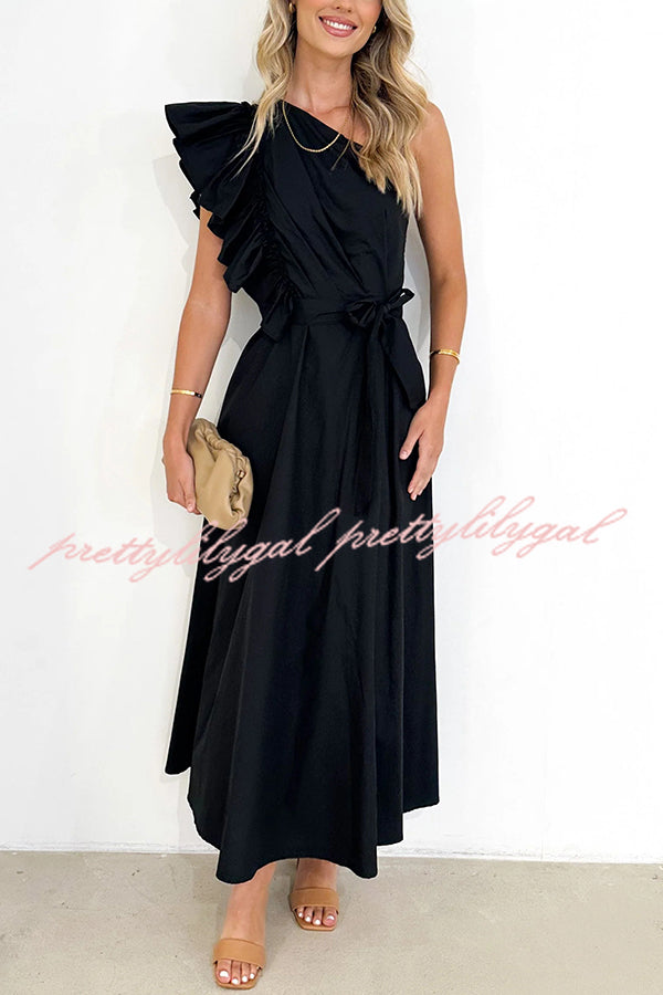 Solid One Shoulder Ruffled Sleeves Tie Waist Maxi Dress