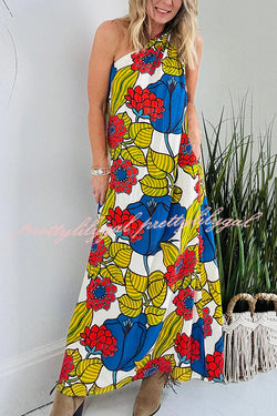 Floral Unique Printed One Shoulder Pocketed Loose Maxi Dress