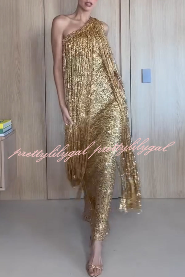 Holiday Muse Sequined Slit Tassels One Shoulder H-line Maxi Dress