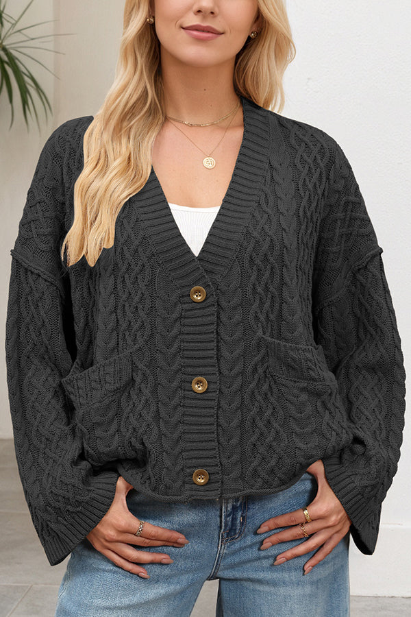 Solid Color Loose V-neck Long-sleeved Casual Pocket Knitted Cardigan