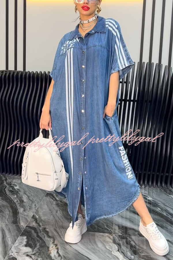 Fashion Letter Print Lapel Cardigan Loose Maxi Dress