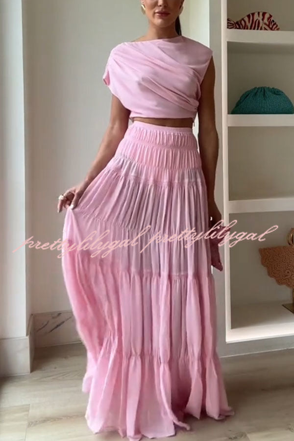 Stunning Chiffon Ruched Shoulder Short Sleeve Crop Top