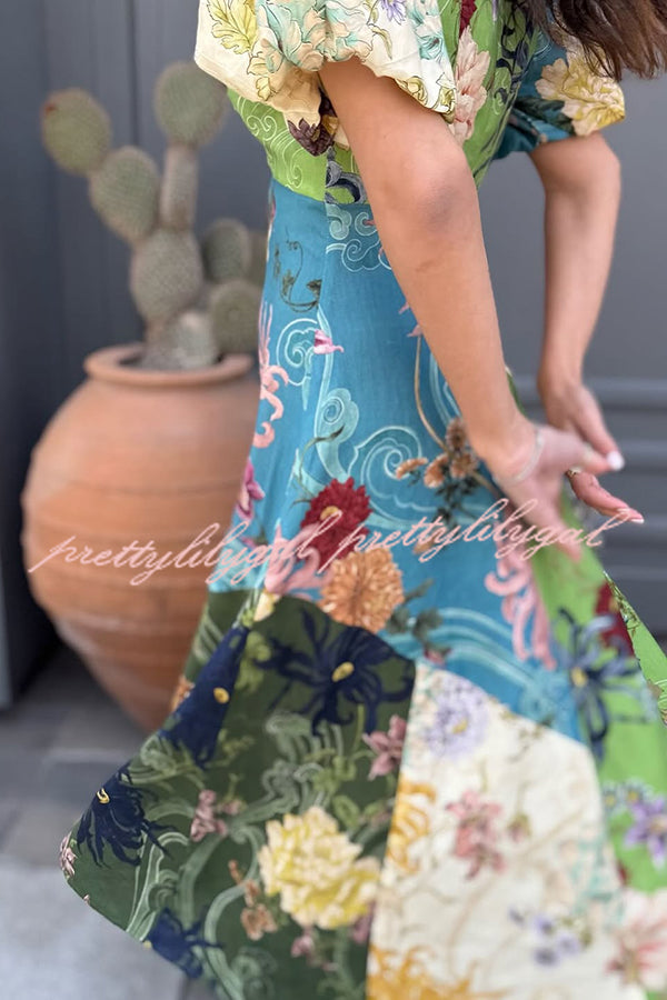 Floral Print Round Neck Puff Sleeve Casual Midi Dress