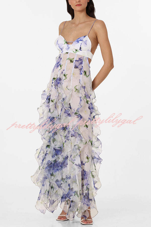 Sunrise Goddess Chiffon Roses Print Ruffles Tiered Trim Maxi Dress