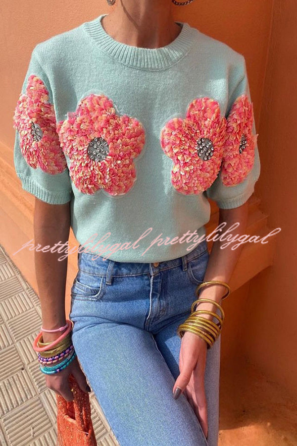 Contrast Color Floral Crew Neck Short Sleeved Sweaters