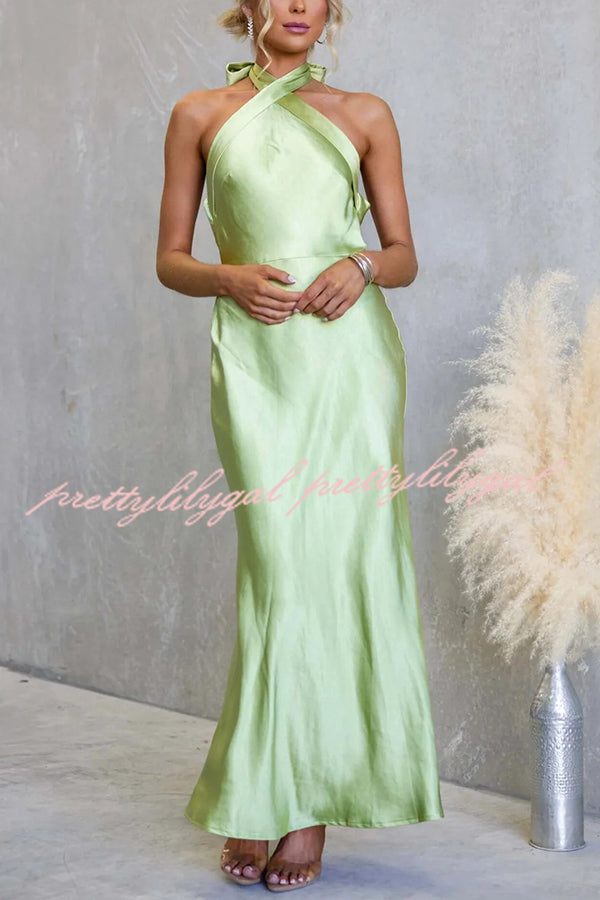 Satin Fashion Halter Backless Slim Elegant Maxi Dress