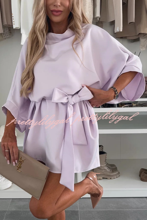 Solid Color Loose Round Neck Belted Mini Dress