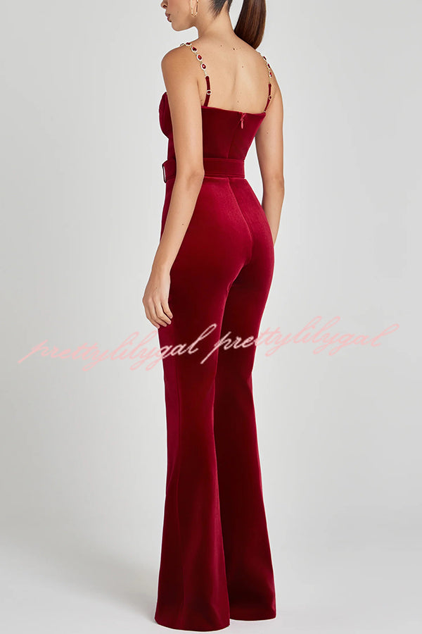 Eliza Luxurious Velvet Fabric Jewel-embellished Shoulder Straps Belted Flare Jumpsuit
