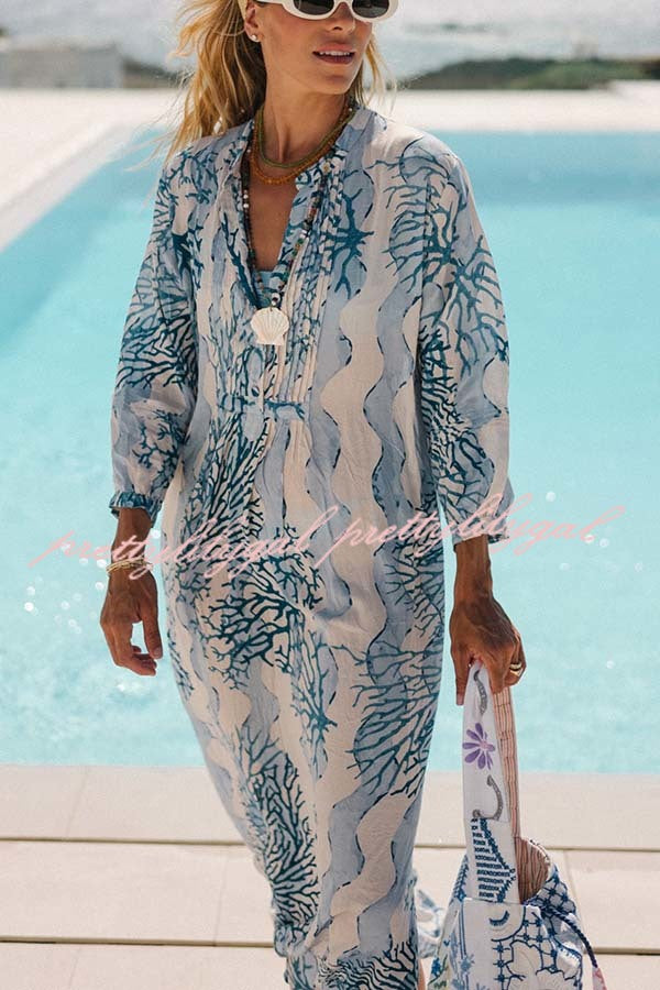 Quiet Sea Unique Print Pleated Neck Long Sleeve Slit Kaftan Maxi Dress