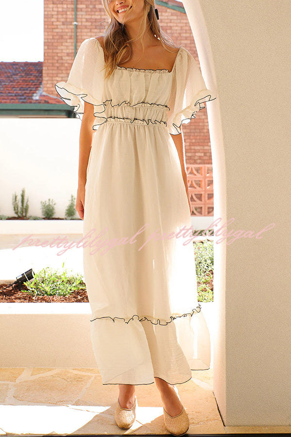 Fashion Square Neck Open Back Pleated Waist Maxi Dress