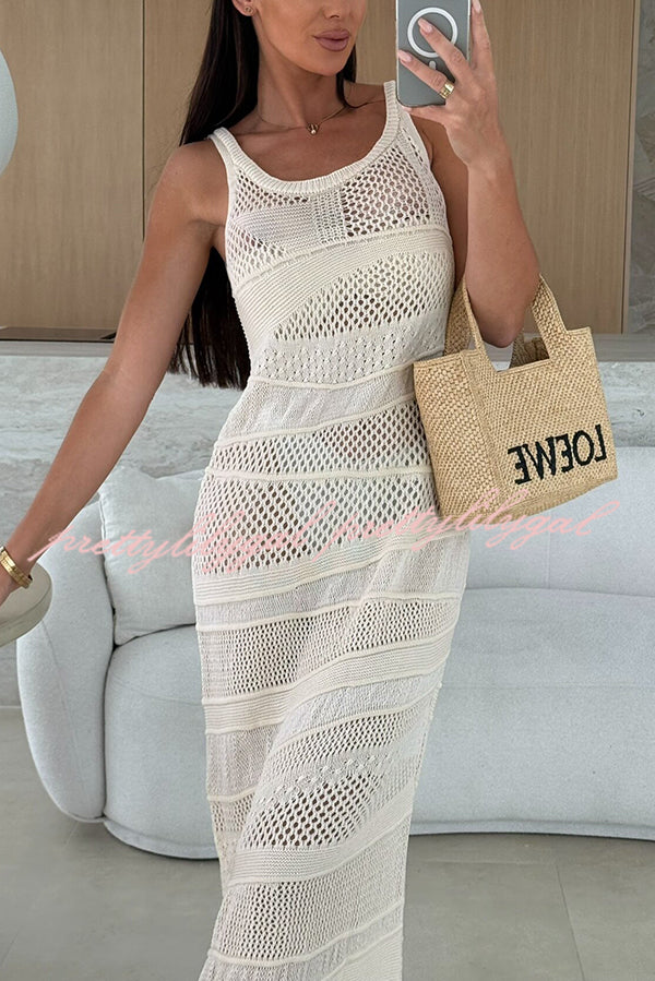 Solid Color Knit Hollow Crew Neck Sleeveless Beach Cover Up Maxi Dress