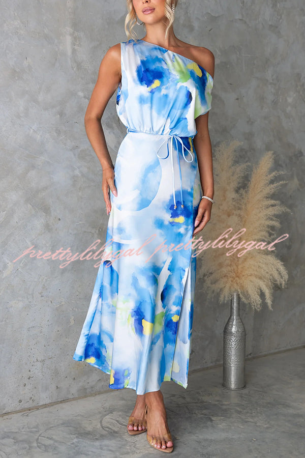 Satin Unique Print One Shoulder Tie Waist Slit Maxi Dress