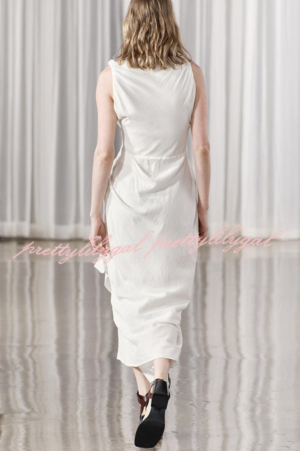 Sculptural Effect Linen Blend Twisted Shoulder Strap Drape Maxi Dress